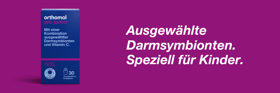 Lila Packung orthomol pro junior. Text: Ausgewählte Darmsymbionten. Speziell für Kinder.